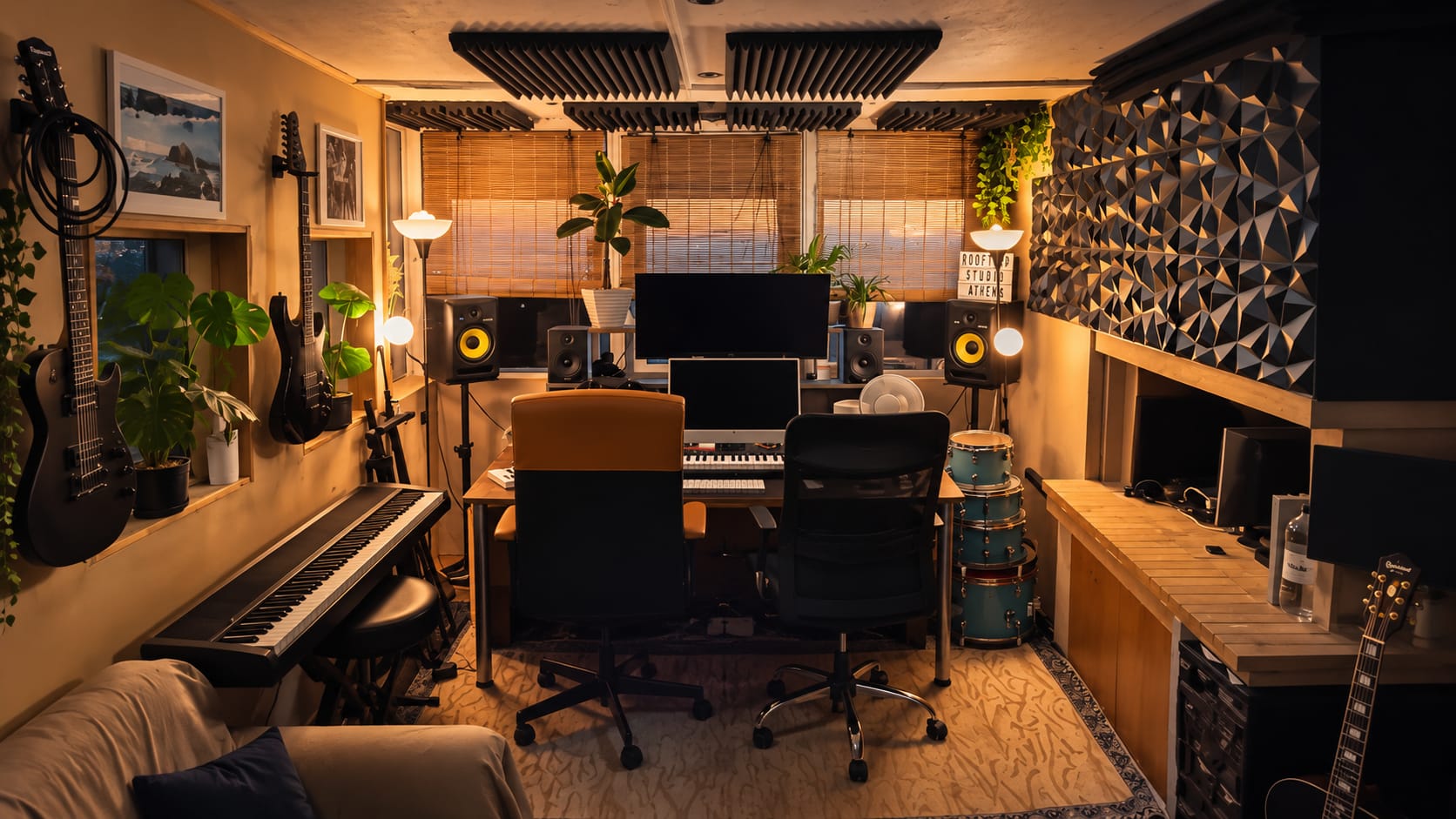 Rooftop Studio Athens recording setup with monitors, drums and guitars
